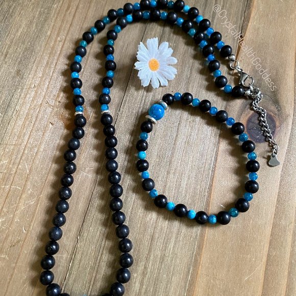 Shungite Blue Apatite Jewelry Set Necklace + Bracelet - Picture 5 of 5